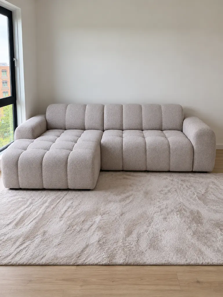 Gespiegelde lichtgrijze hoekbank met chaise links.webp
